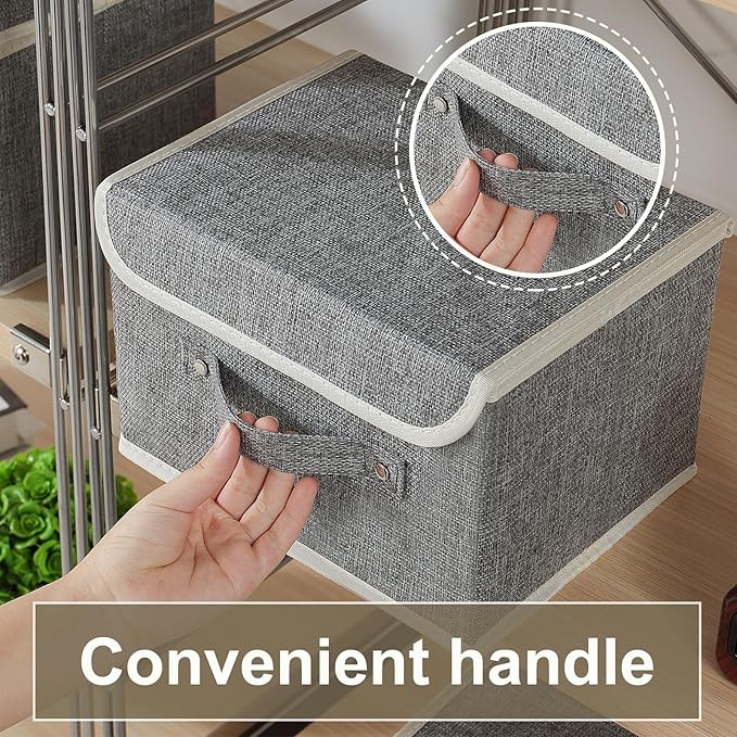 Storage Boxes, Collapsible Storage Bins with Lids, Cotton and linen cloth Storage Baskets with Handle, for Books, Closet, Bedroom, Home, 10.2x7.9x6.7 in, Grey