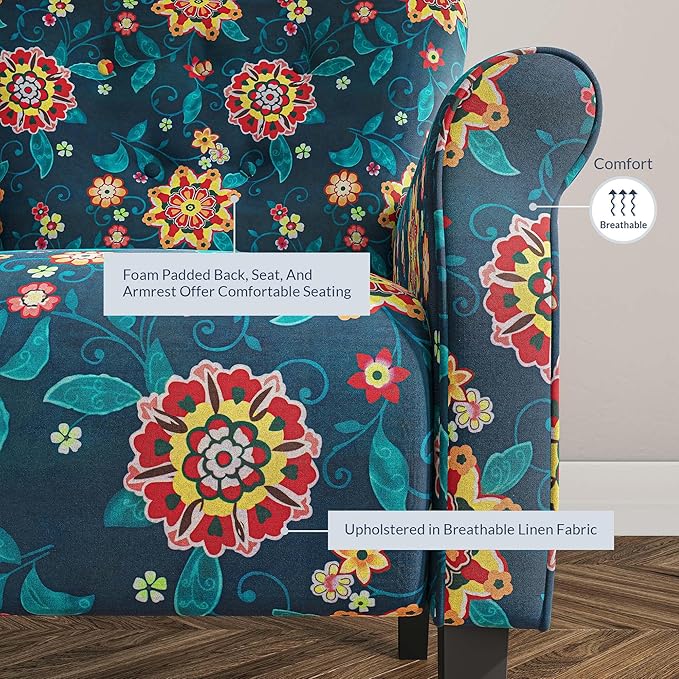 BELLEZE Modern Accent Chair for Living Room, High Back Linen Armchair with Wooden Legs, Upholstered Wingback Side Chair Padded Armrest Single Sofa for Living Room, Bedroom - Allston (Blue & Flower)