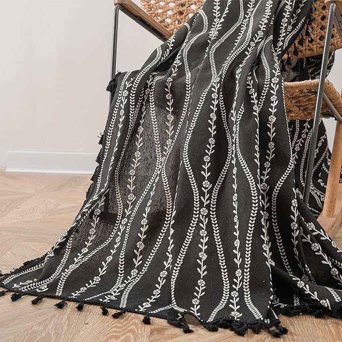 Sutuo Home Boho Curtains 63 Inches Length for Kitchen Doorway Cafe Dining Room, Stripe Floral Vintage Tassels Window Treatment Drape for Halloween Decorations Rod Pocket, 1 Panel 59" W x 63" L,Black