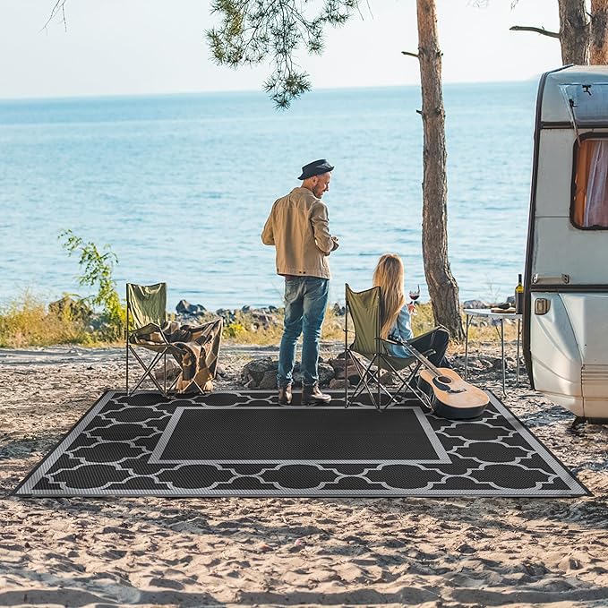 GENIMO 6' x 9' Outdoor Rug Waterproof for Patio Decor, Foldable Reversible Plastic Straw Area Rugs Mat for Camper, Outside Carpet for Rv, Deck, Porch, Picnic, Beach, Balcony, Black & Grey