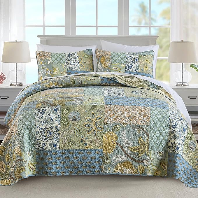 NEWLAKE Quilt Set Twin Size, 100% Cotton Patchwork Green Bohemian Quilt Sets, Reversible Bedspread Lightweight and Breathable for All Seasons, Soft Quilted Bedspread