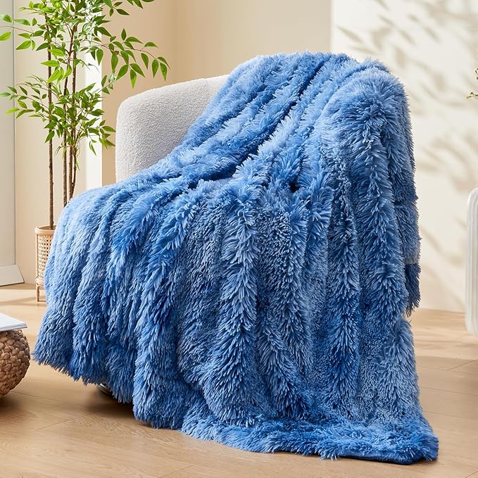 GONAAP Fuzzy Faux Fur Throw Blanket Twin Size Indigo Super Soft Cozy Plush Fuzzy Shaggy Blanket for Couch Sofa Bed (Indigo, Twin(60"x80"))