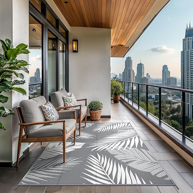 GENIMO Outdoor Rug 4' x 6' Waterproof for Patios Clearance, Reversible Outdoor Plastic Straw Camping Rug Carpet, Large Area Rugs Mats for RV, Camper, Deck, Balcony, Porch, Beach, Picnic, Grey&White