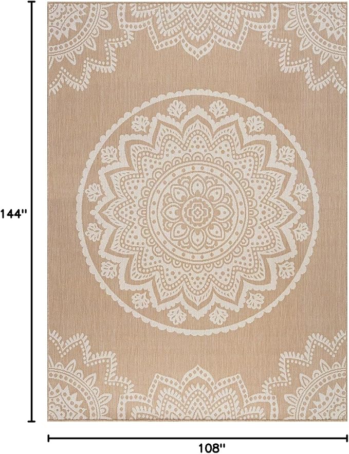 CAMILSON Outdoor Rug 9x12 Modern Area Rugs for Large Indoor and Outdoor Patios and Porches - Waterproof Washable Non-Shedding Easy-to-Clean Outside Carpet (9 x 12, Medallion - Beige/White)