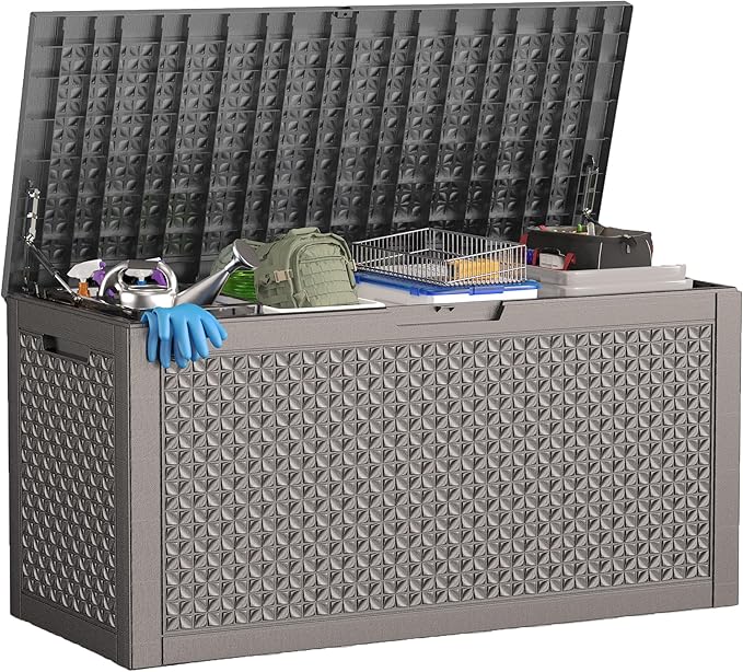 100 Gallon Deck Box Large Outdoor Storage for Patio Furniture,Outdoor Cushions,Garden Tools and Pool Supplies,Waterproof,Resin,Lockable(Grey Lozenge)