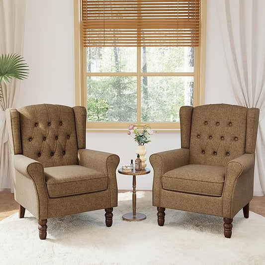 Lumibee High Back Accent Chair Set of 2,Upholstered Wingback Armchair with Solid Wood Legs for Small Spaces,Comfy Single Sofa Chair for Living Room,Bedroom,Office-Brown