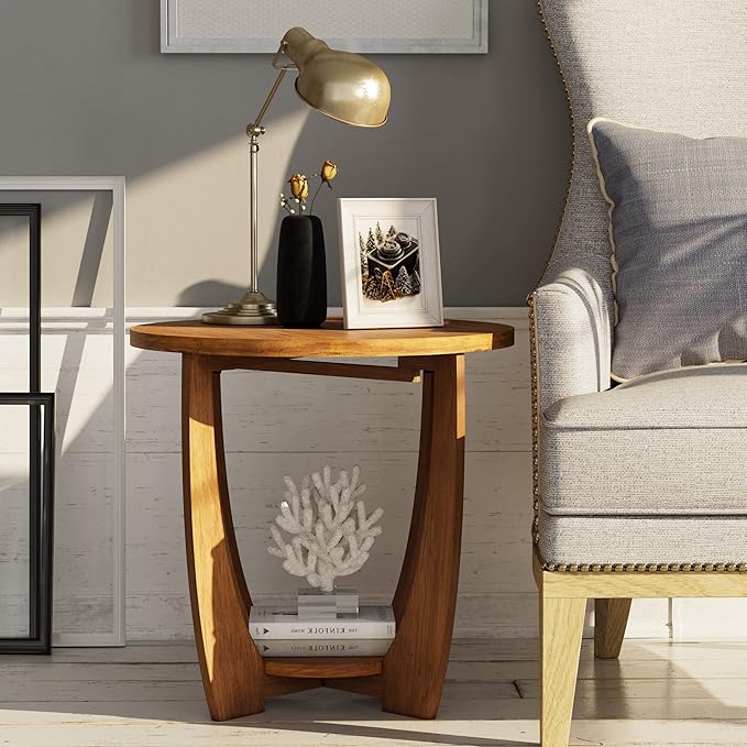Rustic Farmhouse End Table with Storage Shelf, French Country Accent Side for Family, Dinning or Living Room, Small Spaces, Modern, Round, Vintage Caramel Brown Finish