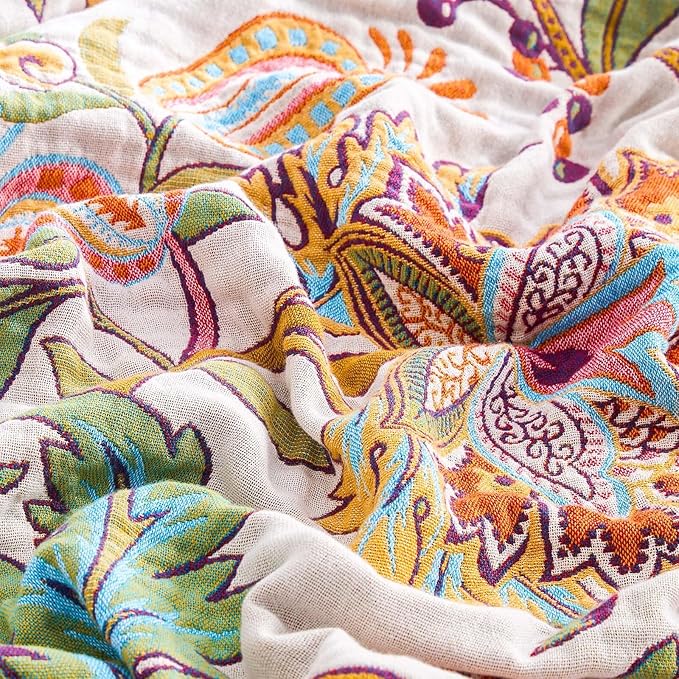 Boho Throw Blanket for Bed, 100% Cotton Soft Rustic Quilt Fall Blanket, 50"x60" Floral Printed Farmhouse Decor Bed Blankets, All Season Rustic Reversible Bohemian Throw Quilt