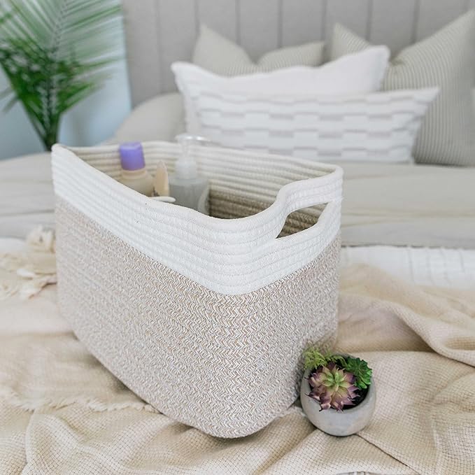OrganiHaus Set of 3 Woven Storage Baskets for Organizing, Cotton Rope Organizer Bins for Shelves, Closet & Nursery, Dog Toy Basket, Decorative Bins for Toys, Towels & Books - 15x10x9, Light Honey