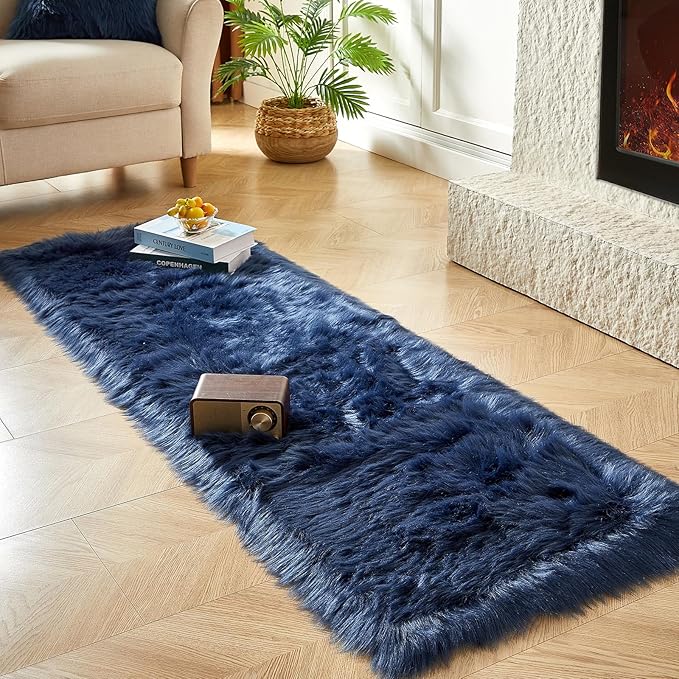 AMTOVO Faux Fur Rug, Dark Blue Ultra Soft Fluffy Shag Sheepskin Rug, 2 x 6 ft Runner Area Rugs for Bedroom Sofa Throw Cushion Room Decor, Rectangle
