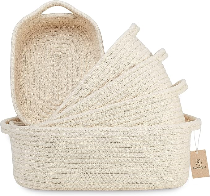 NaturalCozy 5-Piece Rectangle Storage Basket Set- Natural Cotton Rope Woven Baskets for Organizing! Small Basket for Montessori, Baby Nursery, Dog Toy Baskets, Cat Toy Box, Bathroom Organization Bin