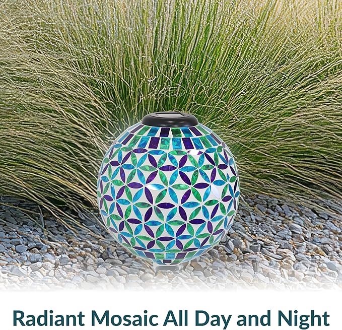 Sunnydaze 10 inch Solar Gazing Ball for Garden - Glass Outdoor Gazing Globe - Mosaic Cool Blooms