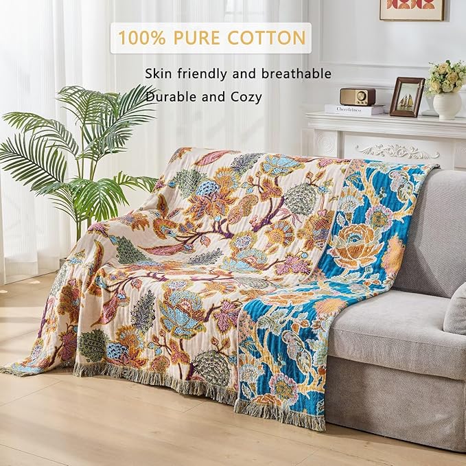 Boho Throw Blanket for Bed, Lightweight Reversible Summer Quilt, Cotton Blanket, Queen Size Boho Floral Bird Colorful Retro Quilt Ultra Soft Reversible Gauze Blanket for All Season, 80"x90"