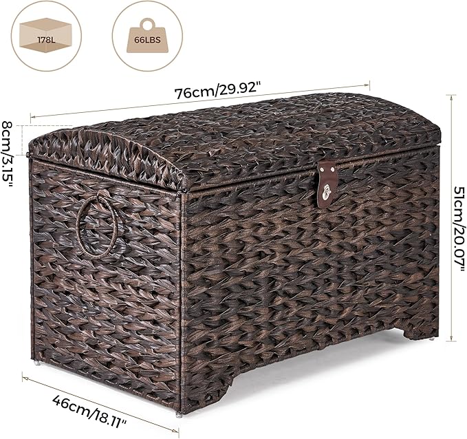Handwoven Storage Basket with Lid, 178L Plastic Rattan Storage Bin, Leather Buckle & Metal Frame, Large Metal Ring Handles, Storage Trunk for Bedroom, Laundry Room