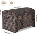 Handwoven Storage Basket with Lid, 178L Plastic Rattan Storage Bin, Leather Buckle & Metal Frame, Large Metal Ring Handles, Storage Trunk for Bedroom, Laundry Room