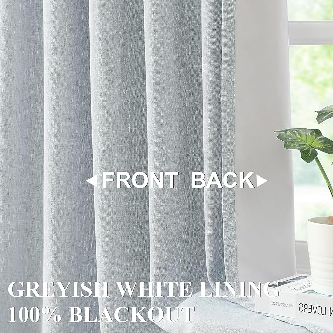 Vision Home Blue Gray Pinch Pleated Full Blackout Curtains Linen Blended Room Darkening Window Curtains 102 inch for Living Room Bedroom Thermal Insulated Pinch Pleat Drapes with Hooks 40" Wx102 Lx2