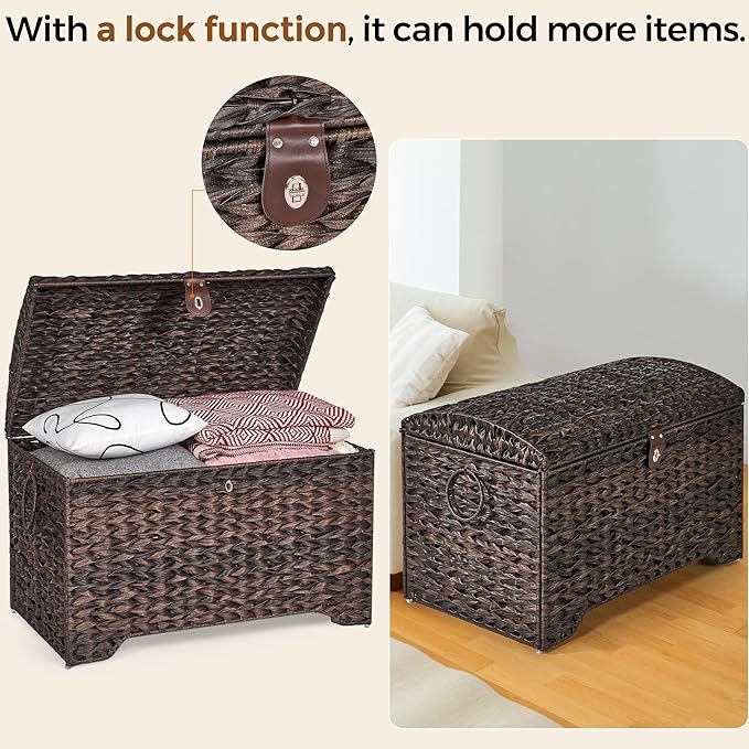 Handwoven Storage Basket with Lid, 178L Plastic Rattan Storage Bin, Leather Buckle & Metal Frame, Large Metal Ring Handles, Storage Trunk for Bedroom, Laundry Room