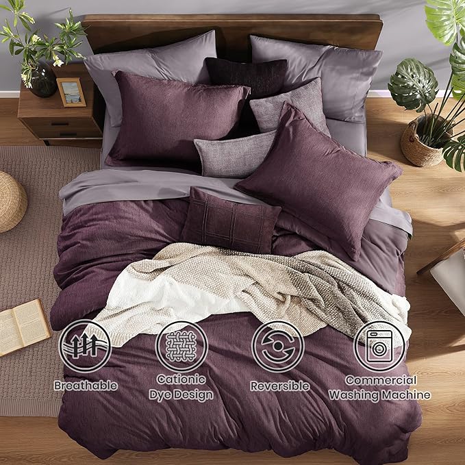 Monbix California King Comforter Set - 7 Pieces Cationic Dyeing Italian Plum Bed in a Bag Cal King Bed Sets with Comforter, Sheets, Pillowcases & Shams, Reversible Bedding Comforters Sets (108 * 92)