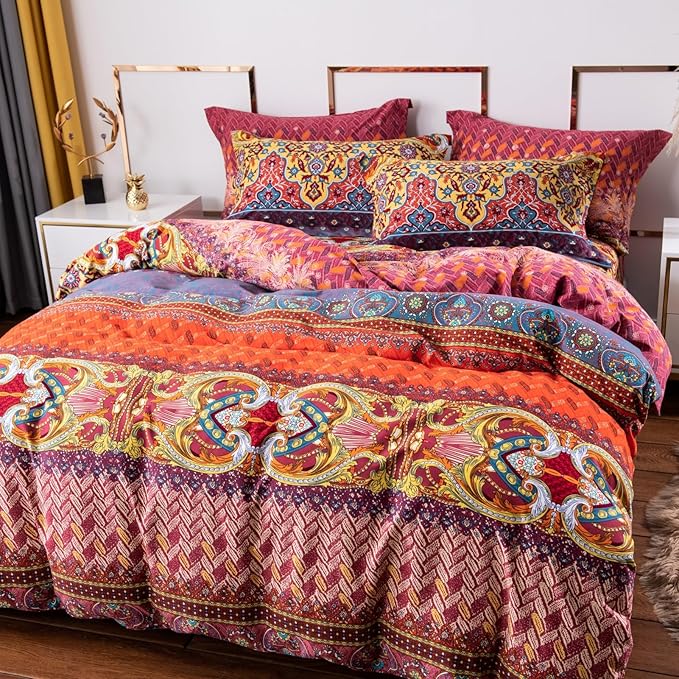 ABREEZE Bohemian Duvet Cover Set Colorful Orange Boho Retro Bedding Set Damask Paisley Cotton Duvet Cover Tribal Reversible Bedding Exotic Style Comforter Cover 3-Piece Queen