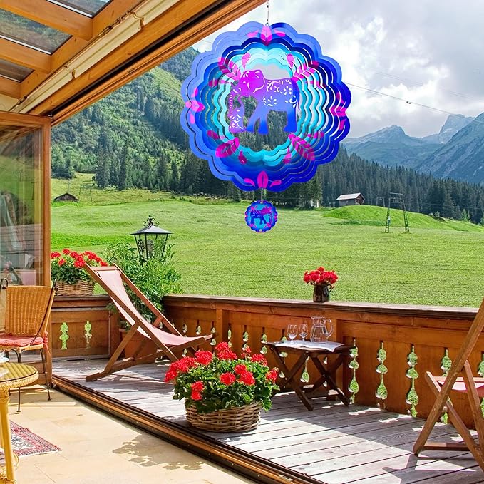 12 inch Elephant 3D Stainless Steel Wind Spinners, Hanging Garden Spinner Kinetic Art Garden Decorations, Reflective Wind Sculpture for Indoor/Outdoor Decor
