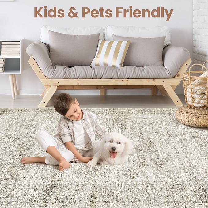 Washable Area Rugs for Living Room -10x13 Neutral Vintage Distressed Floral Farmhouse Boho Large Soft Floor Rug Indoor Non Slip Carpet for Living Room Bedroom Dining Room Office-Beige