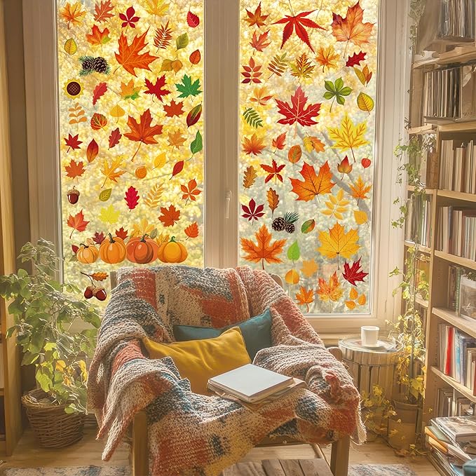 9 Sheets Fall Decorations, 274 PCS Fall Window Clings, Double Sided Autumn Stickers with Maple Leaves Pumpkin Nuts, Autumn Window Clings for Party Thanksgiving Decor Indoor Outdoor Accessories