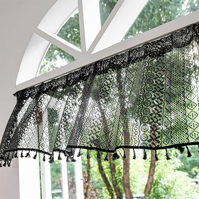 Sutuo Home Black Boho Valance Curtains Crochet Lace Sheer Bohemian Hollow Knitted with Tassels, Privacy Vintage Mid Century Farmhouse Tier for Kitchen, Rod Pocket 1 Panel,59" W x 36" L