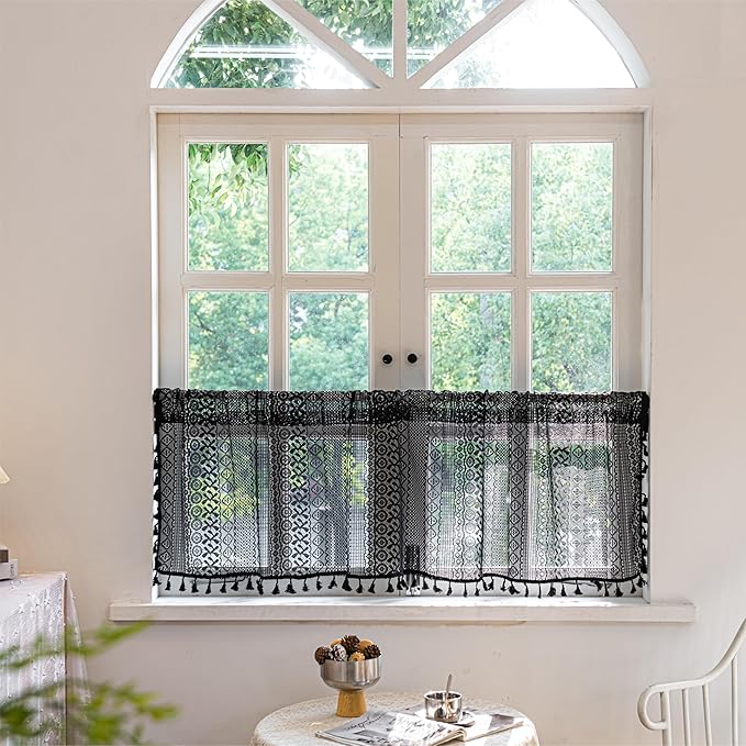 Sutuo Home Black Boho Valance Curtains Crochet Lace Sheer Bohemian Hollow Knitted with Tassels, Privacy Vintage Mid Century Farmhouse Tier for Kitchen, Rod Pocket 1 Panel,59" W x 36" L