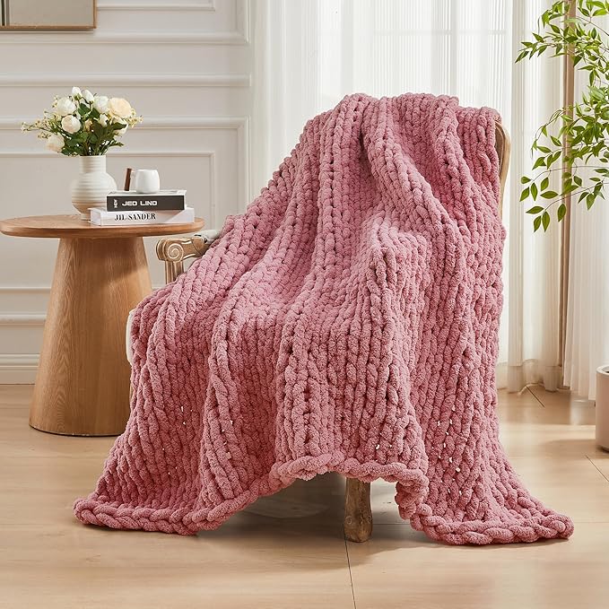 Carriediosa Chunky Knit Throw Blanket 50" X 60", 100% Hand Made Large Chenille Loop Yarn Soft Fluffy Throws for Couch Sofa Bed, Big Crochet Cozy Heavy Thick Cable Woven Blanket, Mauve