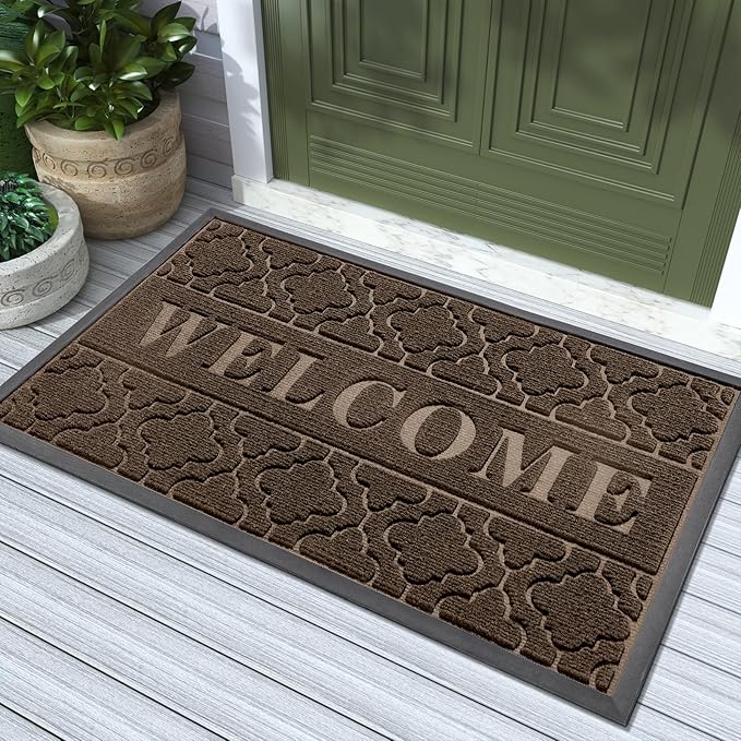 Yimobra Welcome Mat Outdoor Indoor, All-Season Waterproof Front Door Mat Outside Entrance, All-Weather Heavy Duty Non-Slip Doormat, Low Profile Porch Patio Entrance Mats, 36x24, Brown