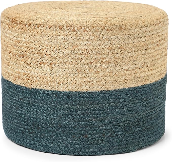 REDEARTH · Cylindrical Pouf Foot Stool Ottoman - Jute Braided Pouffe Poof Accent Sitting Footrest for Living Room, Bedroom, Nursery, Patio, Lounge & Other Rooms (Natural Teal, 18"x18"x14")