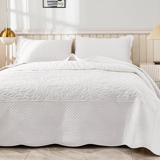 MarCielo 3-Piece 100% Cotton Oversized Bedspread Lightweight Quilt Coverlet Embroidery Farmhouse Bedding Set T0 (Bright White, Oversized King (118"x106"))