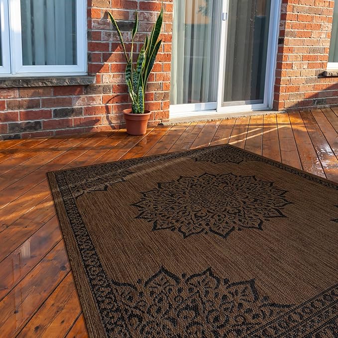 CAMILSON Outdoor Rug, Modern Area Rugs for Indoor and Outdoor Patios, Kitchen and Hallway mats, Washable Porch Deck Outside Carpet (6 x 9, Medallion Nut Brown)