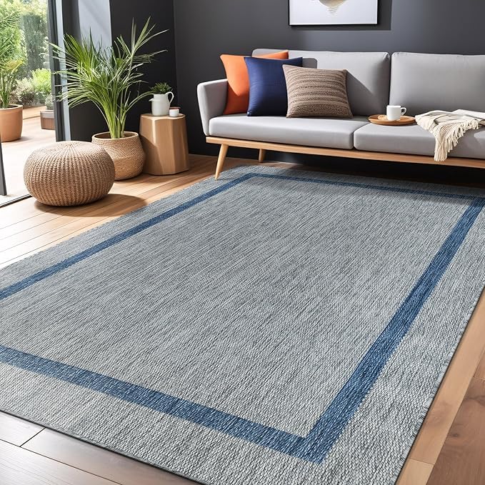 Bordered Outdoor Rug 8x10 Washable Outside Carpet for Indoor Patio Porch Waterproof Easy Cleaning Non Shedding Area Rugs Silver Gray - Blue 8 x 10