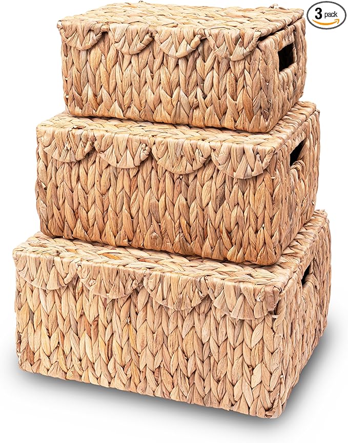 Set of 3 Scalloped Edge Wicker Basket with Lid, Rectangle Wicker Storage Basket with Built-in Handles, Multipurpose Organizer Rattan Display Boxes for Shelf, Nursery Room