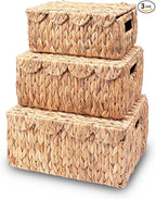 Set of 3 Scalloped Edge Wicker Basket with Lid, Rectangle Wicker Storage Basket with Built-in Handles, Multipurpose Organizer Rattan Display Boxes for Shelf, Nursery Room