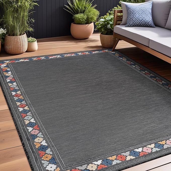 Beverly Rug Outdoor Rug 10x14 Modern Bordered Large Area Rugs for Indoor and Outdoor Patio Easy to Clean Non Shedding Living Room Porch Garden Washable Outside Carpet (10 x 14 Dark Gray)