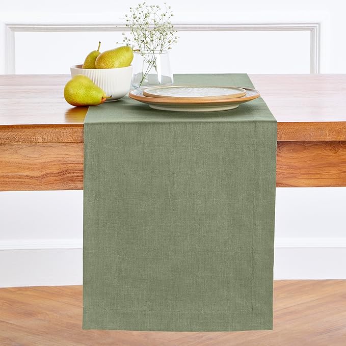Solino Home Linen Oil Green Table Runner 90 Inches Long - 100% Pure Linen 14 x 90 Inch Table Runner for Fall, Autumn, Thanksgiving - Fete