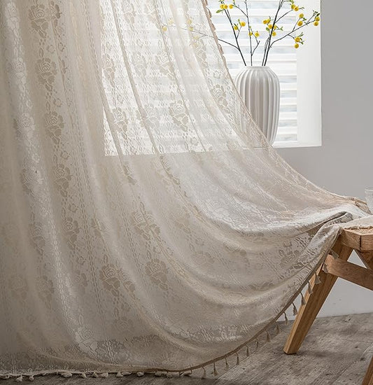 Sutuo Home Beige Boho Curtains for Living Room Bedroom,Bohemian Crochet Florals Embroidery Sheer Lace Handmade Tassels Vintage Rustic Window Treatment Country Drape Rod Pocket 1 Panel 59" W x 96" L