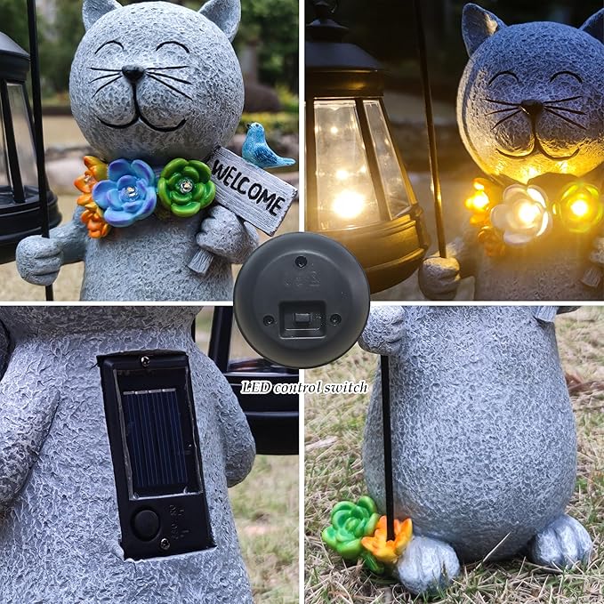 Solar Cat Garden Statues Outdoor Décor with Lantern- Cat Figurines Solar LED Light Lawn Ornaments - Yard Decorations for Patio, Balcony, Backyard -Unique House Warming Gifts for Mom