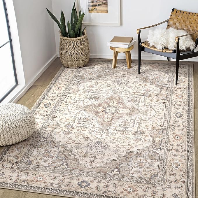 Washable Area Rugs for Living Room - 6x9 Neutral Vintage Distressed Floral Farmhouse Boho Large Soft Floor Rug Indoor Non Slip Carpet for Bedroom Dining Room Office - Brown/Multi