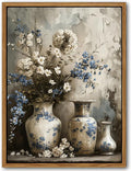 Floating Framed Farmhouse Floral Canvas Wall Art, Vintage Blue and White Flower Pictures Wall Decor, Elegant Art Jar Posters Print for Living Room Bedroom Bathroom Rustic Decor 12x16 inch