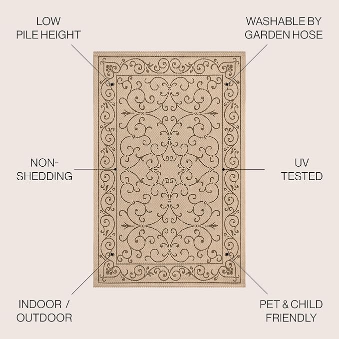 JONATHAN Y Vintage Filigree Indoor Outdoor Round Area Rug 5 Ft Beige/Brown, Charleston Textured Weave for Backyard, Patio, Porch, Easy-Cleaning, High Traffic, Pet-Friendly, Non-Shedding (SMB106A-5R)