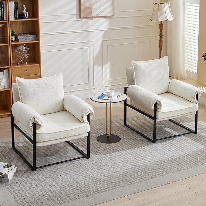 YISHENG Accent Chair with 6-Angle Adjustable Backrest, Chenille Fabric Living Room Chair Upholstered Lounge Chair, Modern Chair Cozy Reclining Chair for Reading Room, Set of 2 White