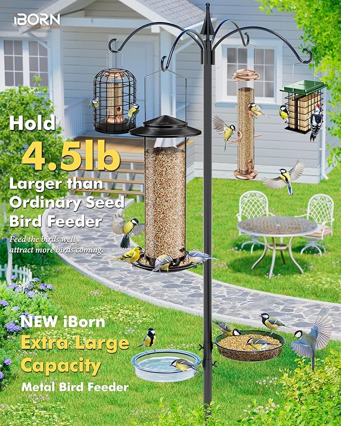 iBorn Metal Bird Feeder for Outside Hanging,Wild Bird Feeders for Cardinal,18cm Large Roof&Green,42CM Long,4.5lb High-Capacity(Seed is not Included)