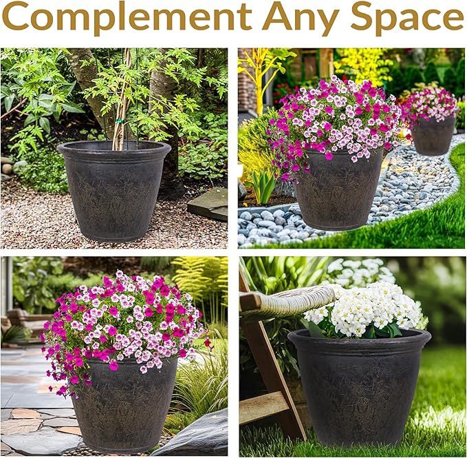 Sunnydaze 24-Inch Anjelica Large Plastic Pot for Plants - Outdoor Polyresin Round Planter with Drillable Drainage Holes - Sable - 2pk