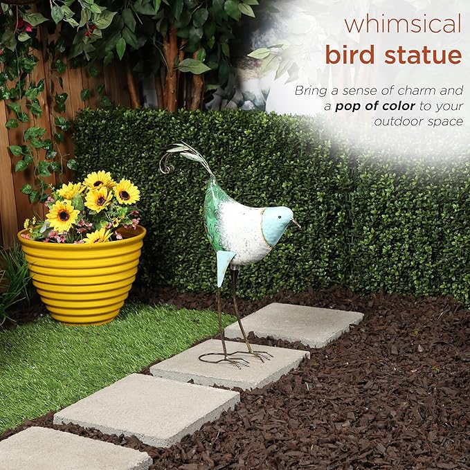 Alpine Corporation MCC702 Head-Down Metal Bird Outdoor Statue, Animal Décor for Patio, Lawn & Garden, 24" H, Blue and White