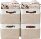 DECOMOMO Storage Bins Fabric Storage Baskets for Shelves, Linen Closet Organization Toys Nursery (Beige and White, Large - 4 Pack)