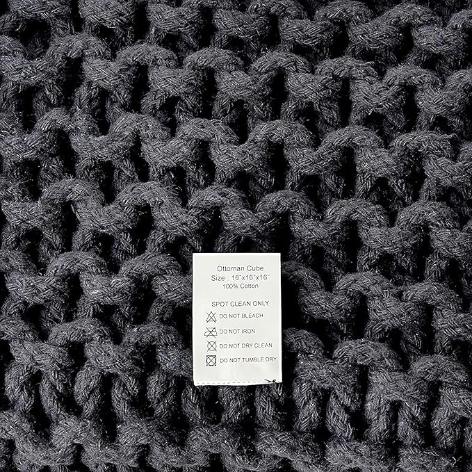 REDEARTH Cube Pouf Foot Stool Ottoman - Hand Knitted Coffee Table - Cotton Cord Boho Pouffe - Home Décor Poof - Stuffed Footrest for Living Room - Bedroom - Patio (16" x 16" x 16") - Dark Gray