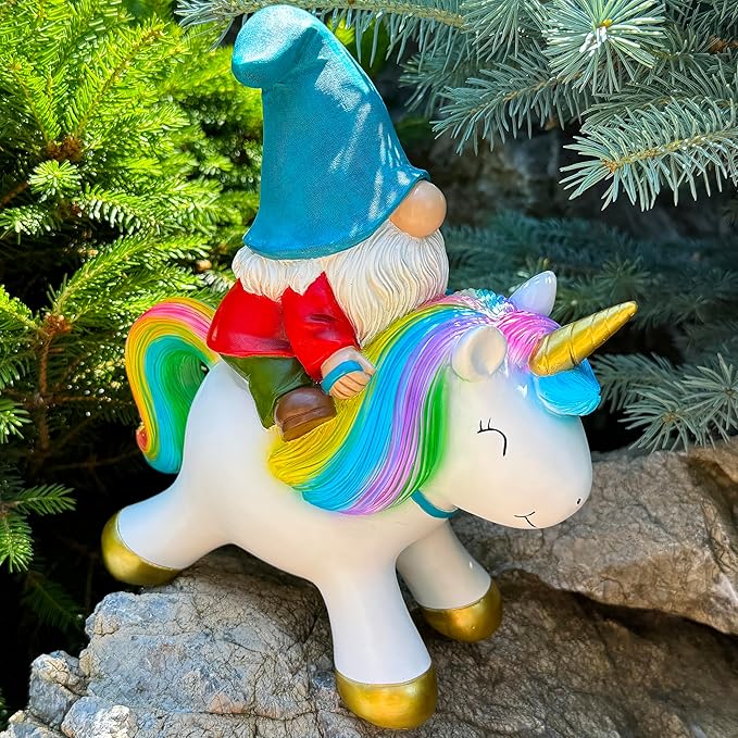 Mood Lab Garden Gnome Statue - Garden Gnome Riding Unicorn - 8.3 Inch Tall Lawn Figurine - for Outdoor or House Decor - Funny Yard & Patio Decoration